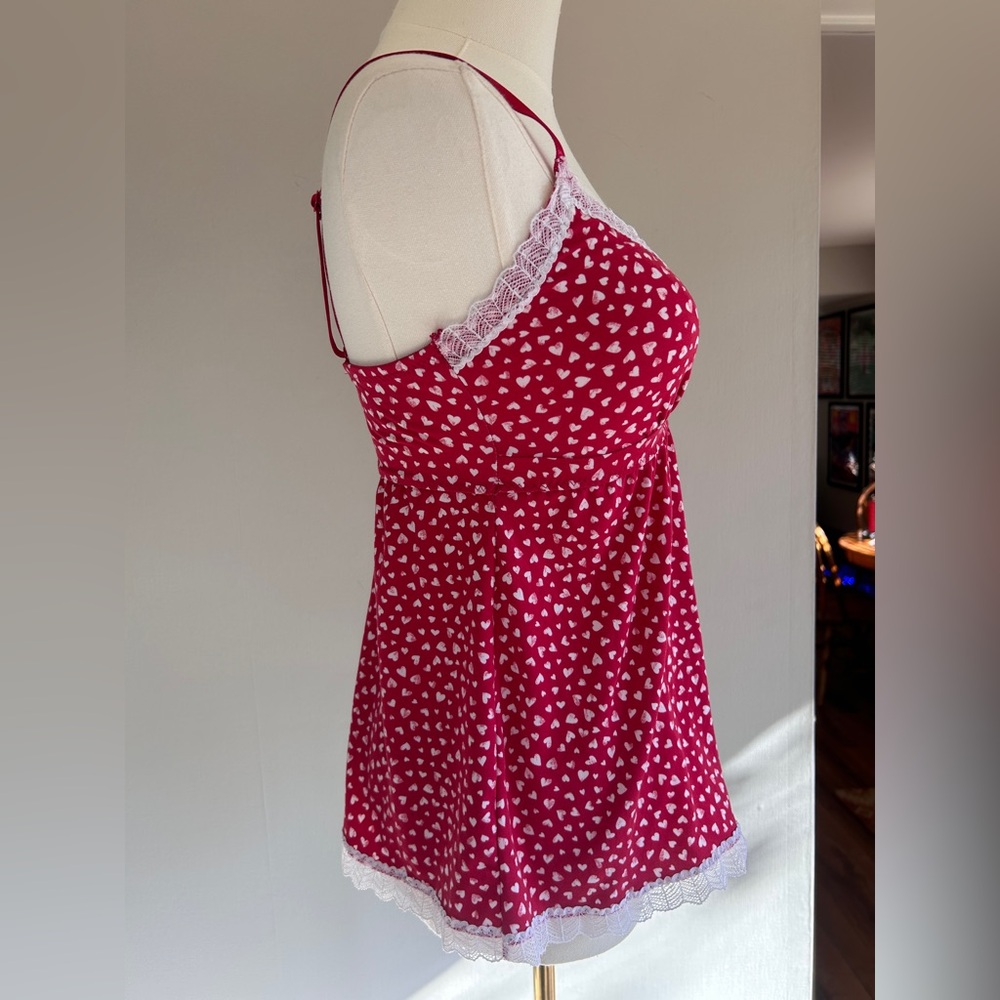 LAURA ASHLEY Babydoll Y2K Lace Trim Heart Print Cami Top Coquette Valentine Sz S - Picture 6 of 14